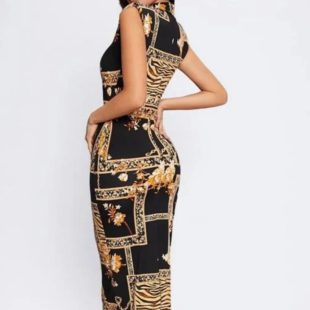 Black and Gold Mock Neck Bodycon Dress in M - Picture 2 of 3